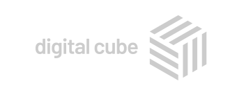 The digital cube logo is a gray cube with lines on it.