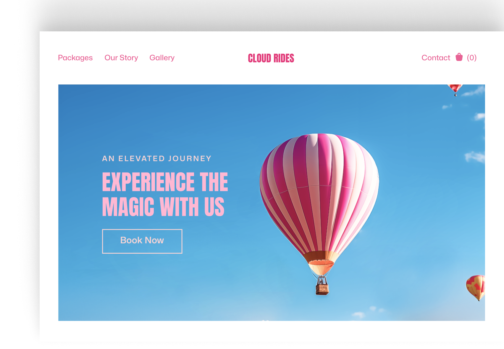 A pink and white hot air balloon is flying in the sky.