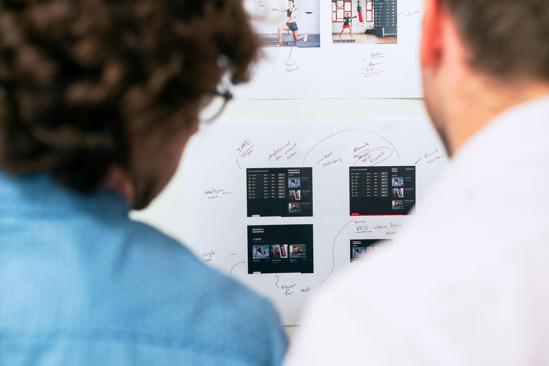 Two men are looking at a whiteboard with pictures on it.