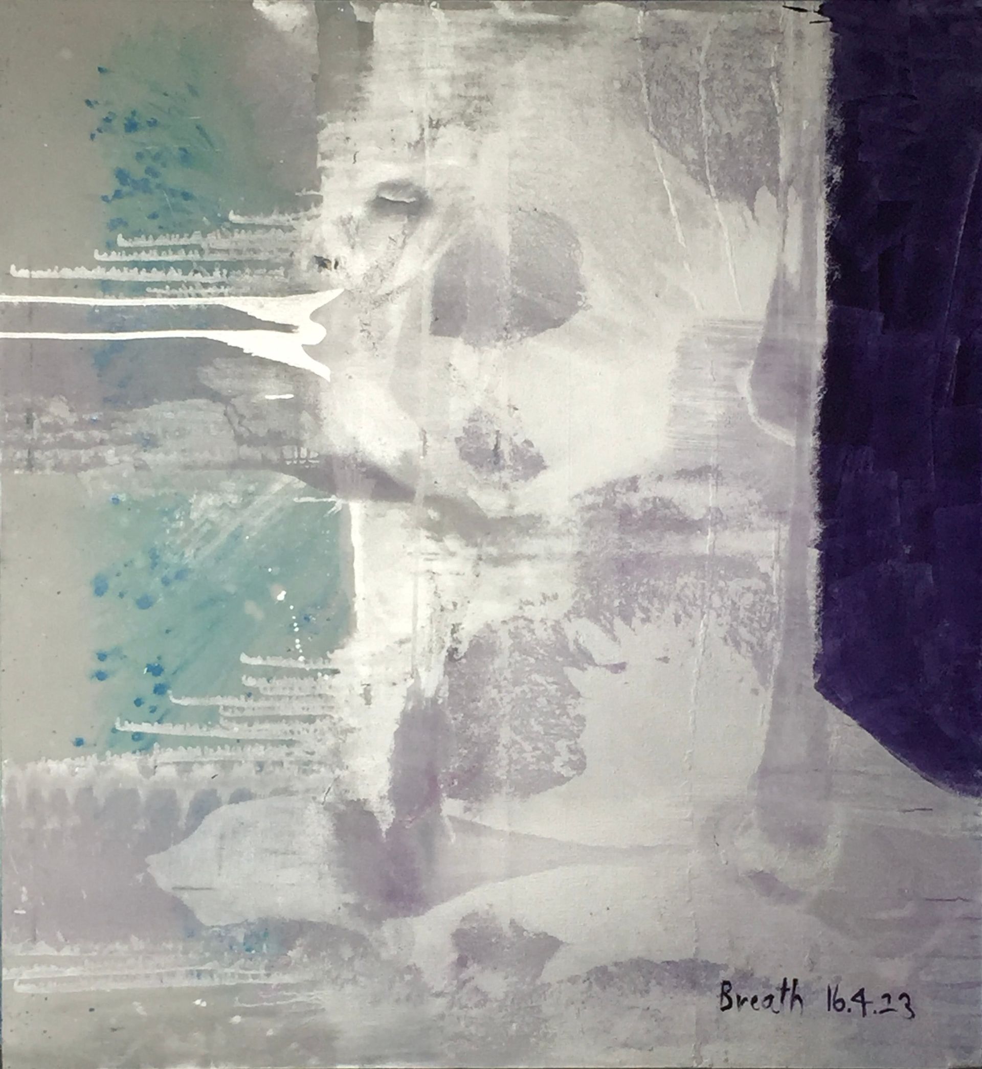 A painting with a purple border and a white background - Breath