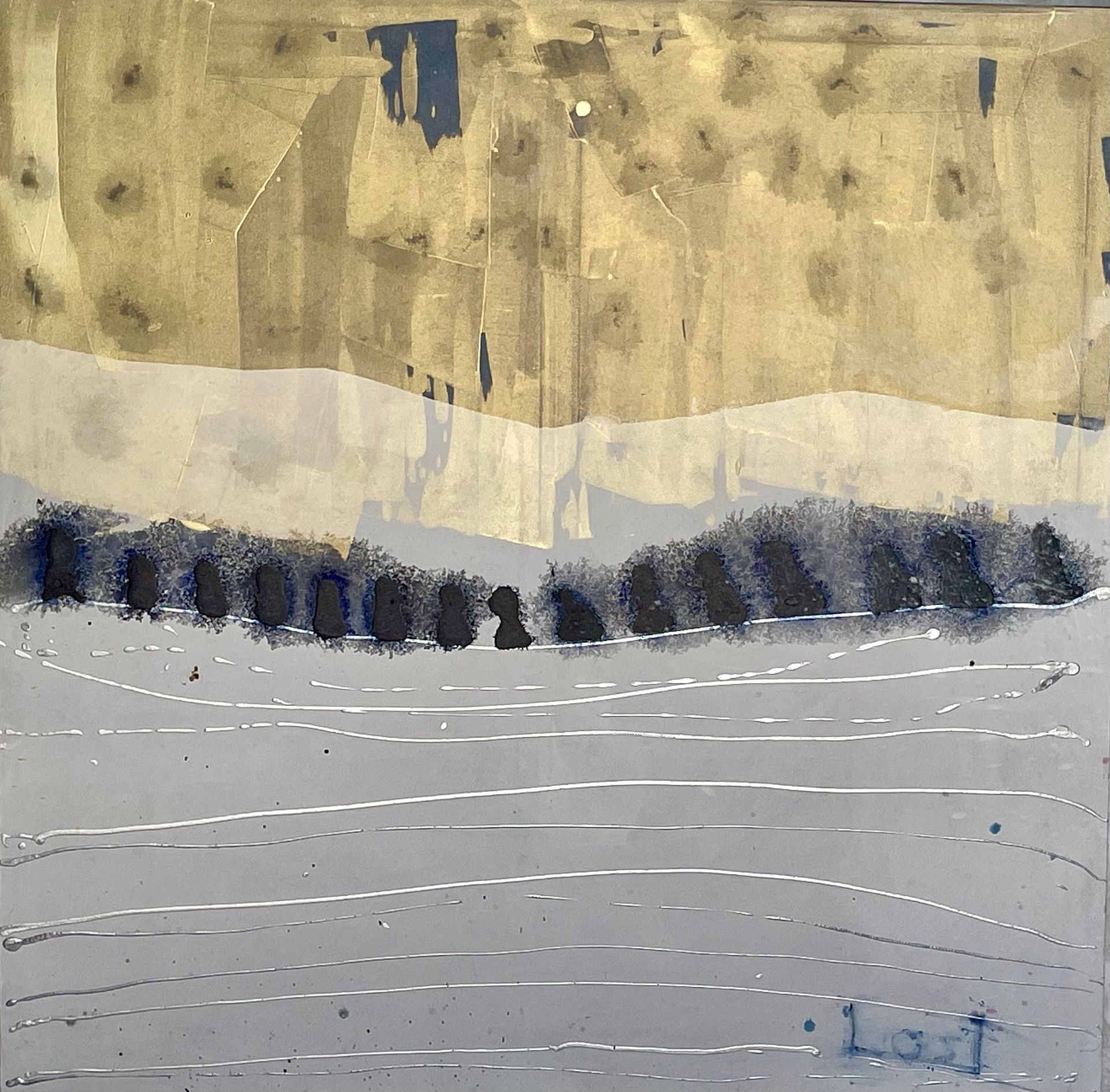 A painting of a snowy landscape with a few trees in the foreground