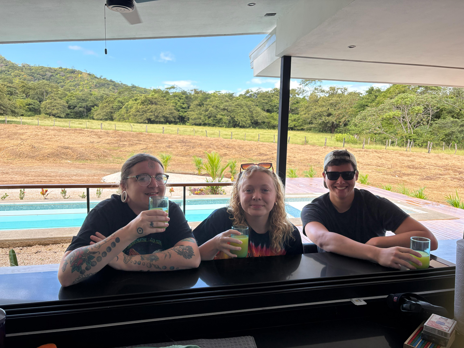 Three people at a bar overlooking a pool and landscape. They hold drinks, smiling, under a roof.