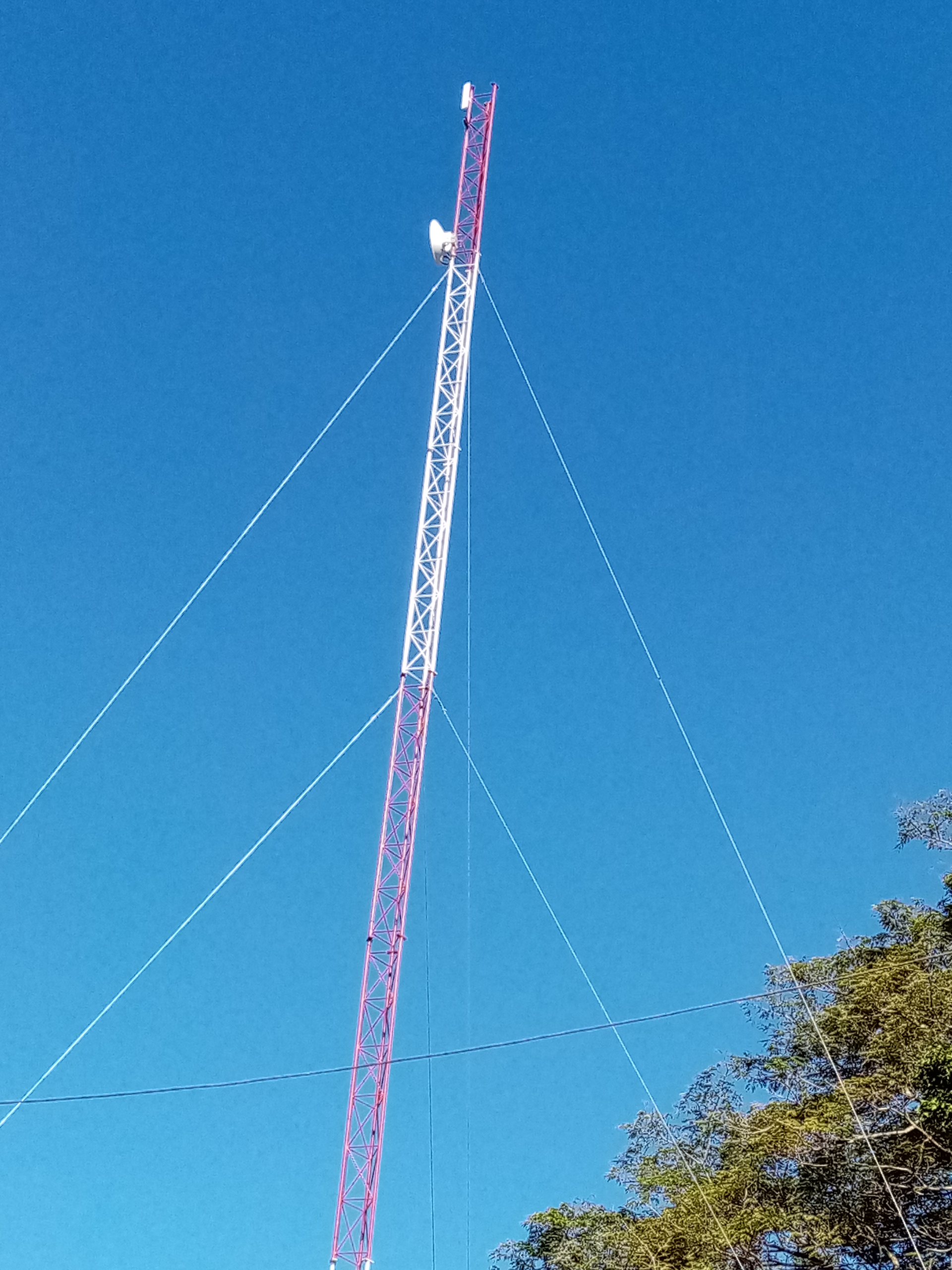 Tall communication tower with white and red accents against a clear blue sky. Guy wires extend outward.
