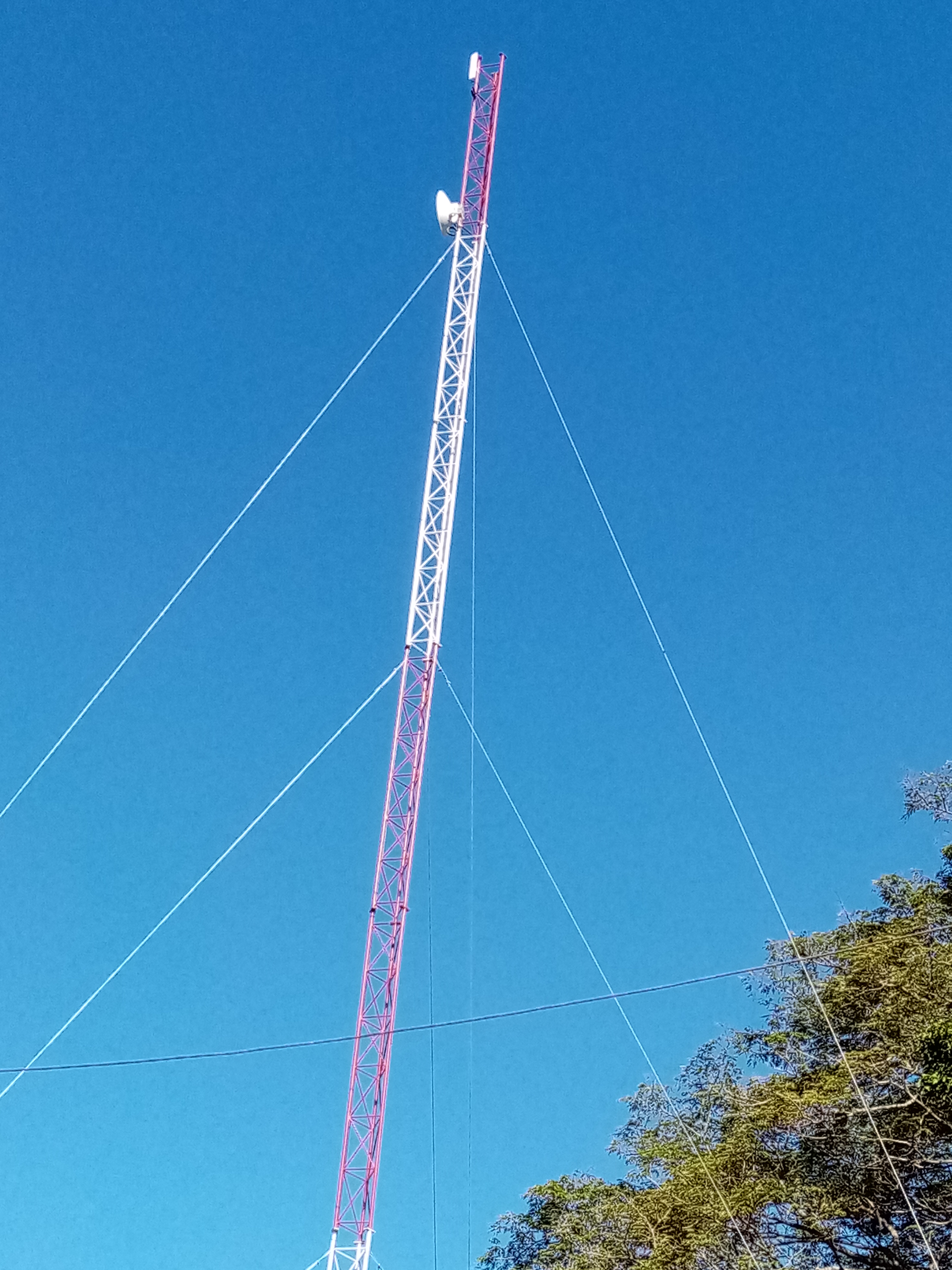 Tall communication tower against a blue sky, with support wires attached.