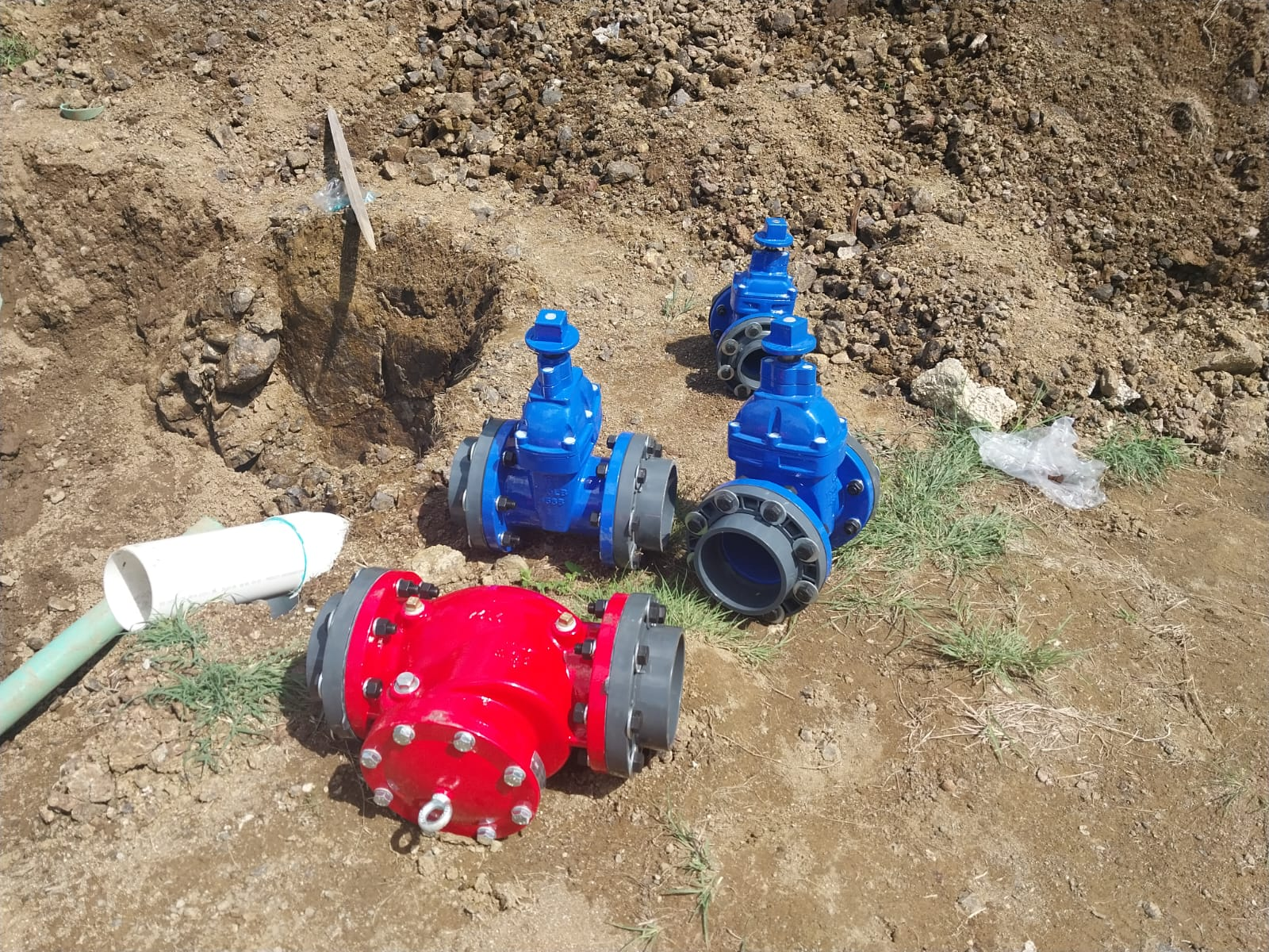 Blue and red water valves on the ground near exposed soil, with a white pipe and green hose visible.