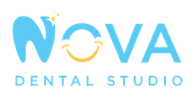 The logo for nova dental studio has a tooth and a smile on it.