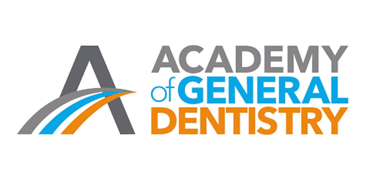 The logo for the academy of general dentistry is blue and orange.