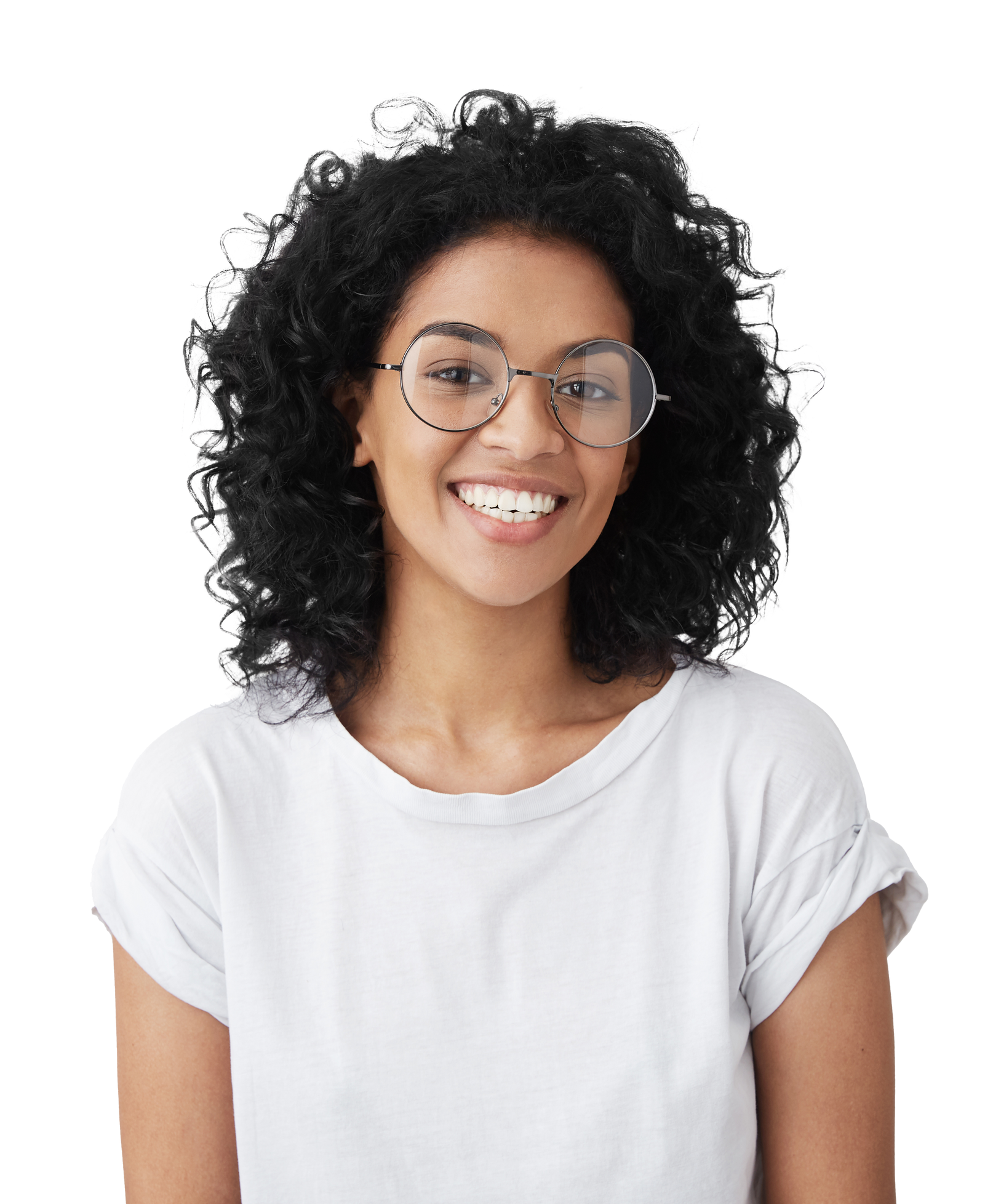 A woman wearing glasses and a white shirt is smiling.