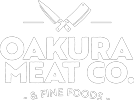 The logo for oakura meat co. is a black and white logo with two knives crossed over each other.