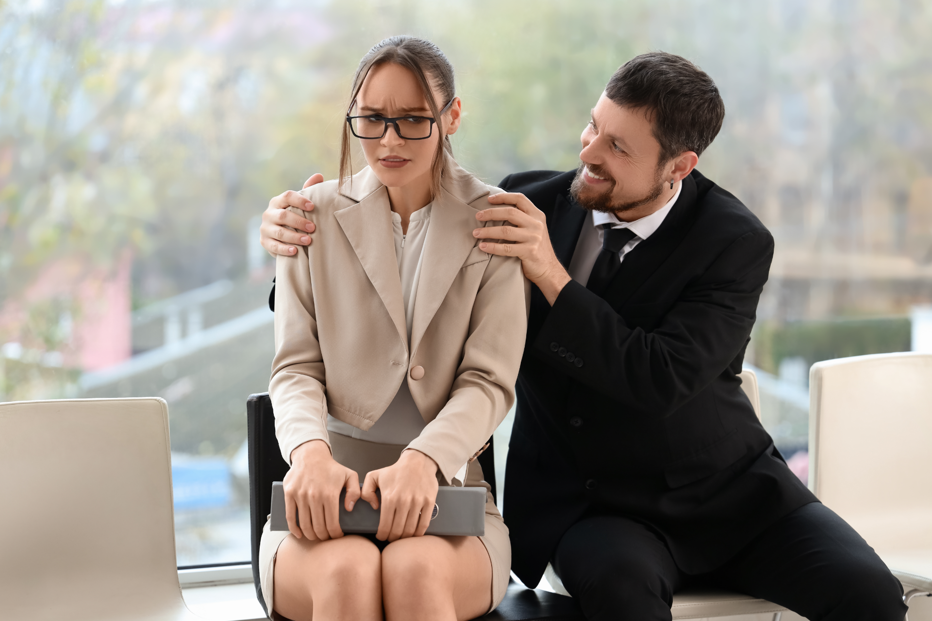 Semi-truck and trailer crashed off road. People stand near wreckage, green field, blue sky.