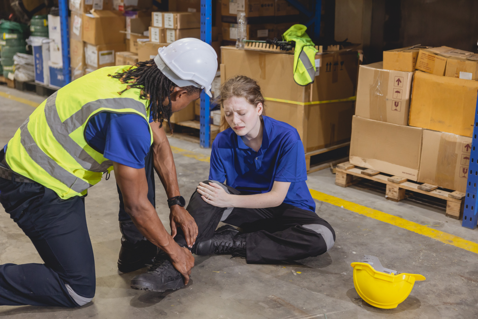 Semi-truck crashed on side of highway, being towed. White cab, trailer, orange cones, tow truck.