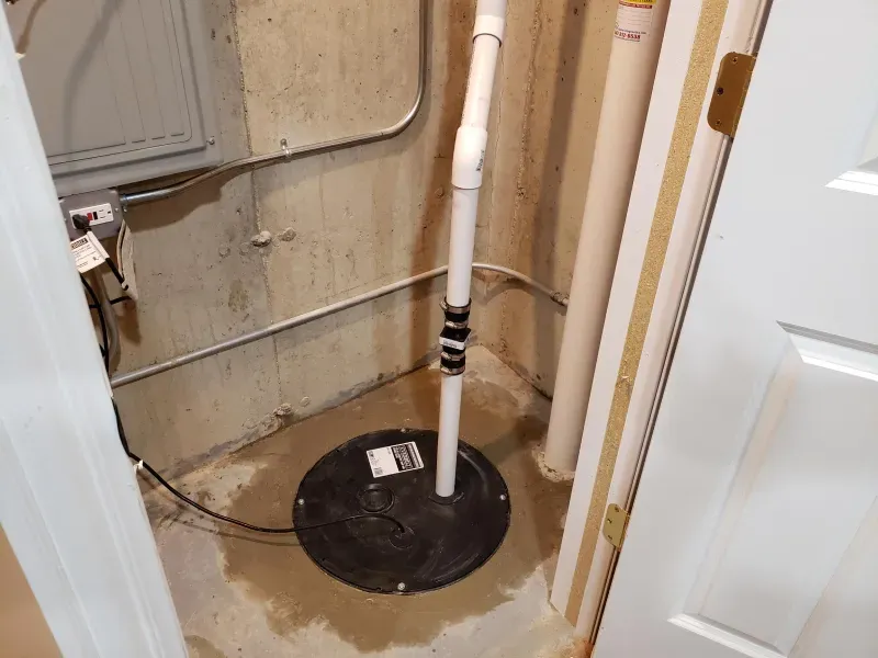 A basement with a sump pump in it and a door.