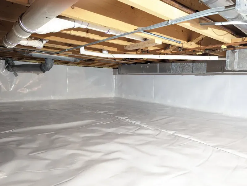 A basement filled with plastic and pipes.