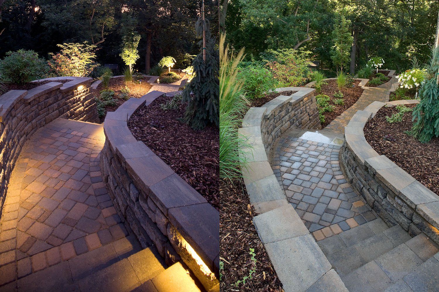 A before and after photo of a stone walkway