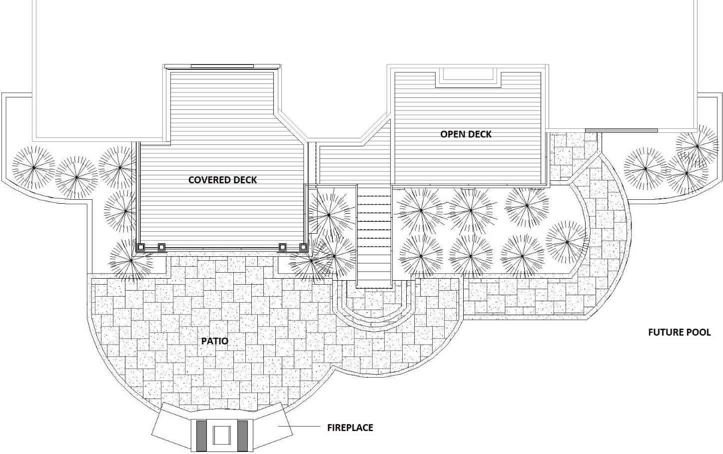 A black and white drawing of a house with a covered deck and a patio.