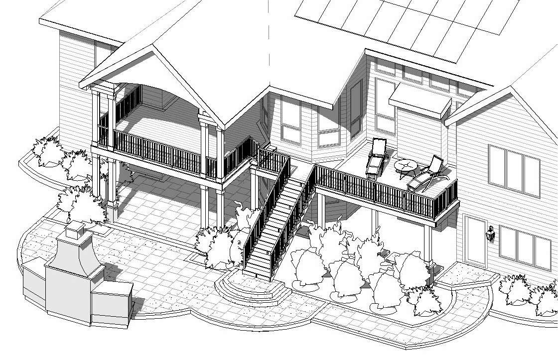 A black and white drawing of a house with a patio and stairs