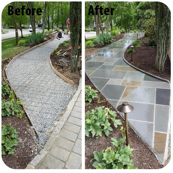 A before and after photo of a stone walkway