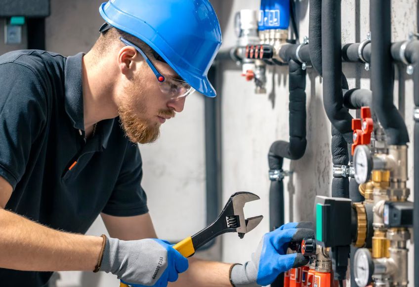 Plumber wearing a blue hard hat and safety glasses, working on pipes with a wrench.
