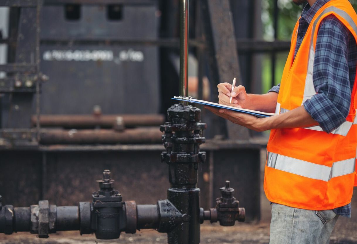 A man in an orange vest is standing next to a pipe and writing on a clipboard.