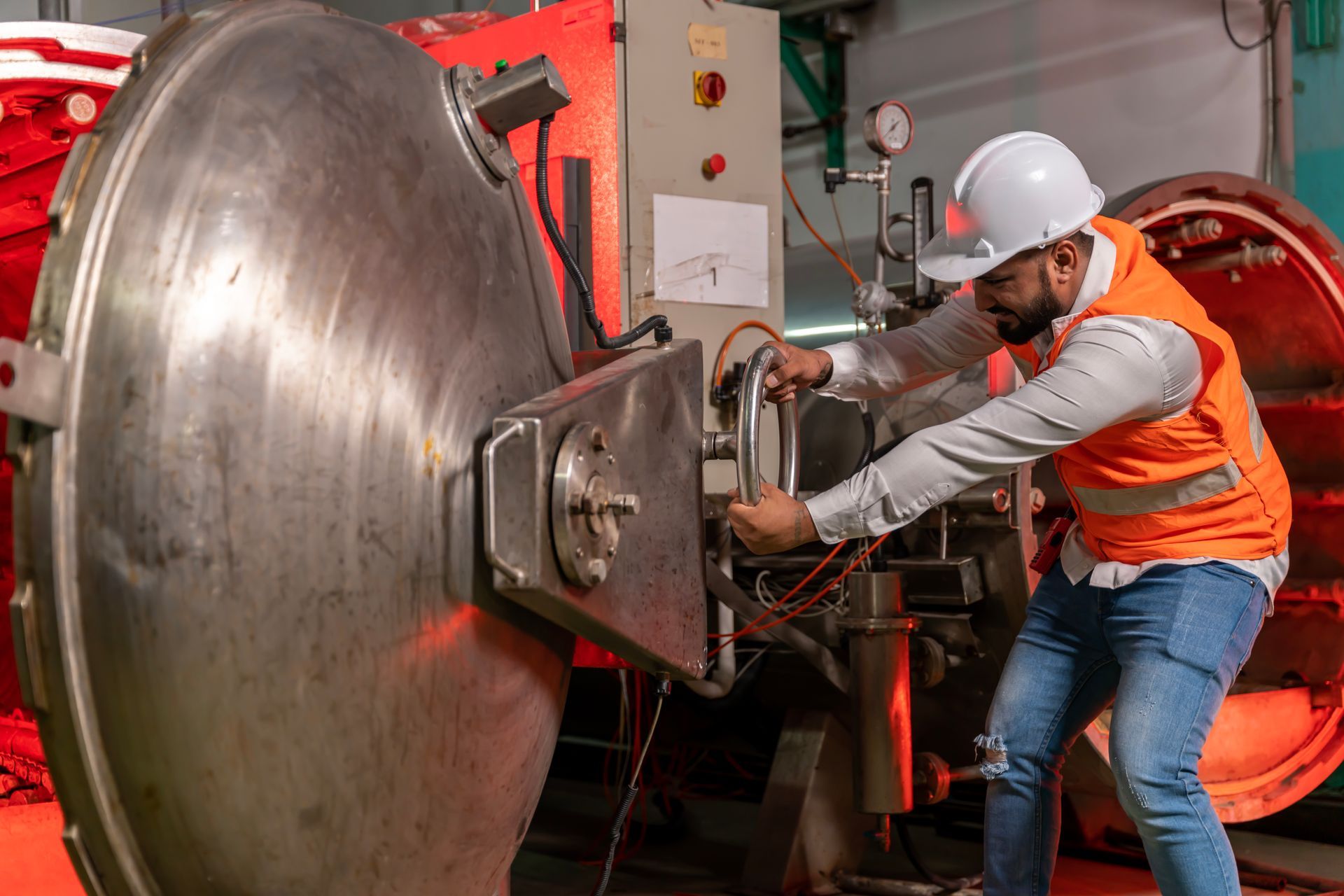 Man in hard hat and vest working on industrial machine, red-lit setting.