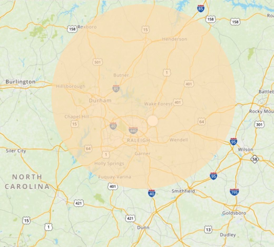 A map of north carolina with a circle in the middle.