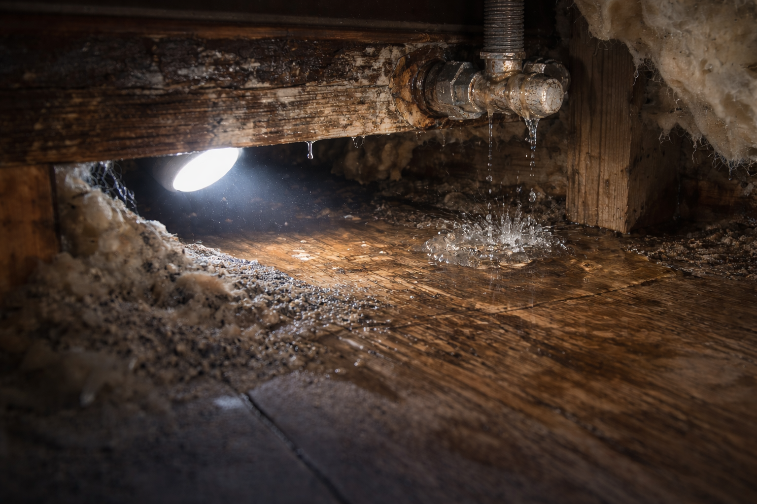 Water dripping from a pipe onto a wet wooden surface in a dark, enclosed space.