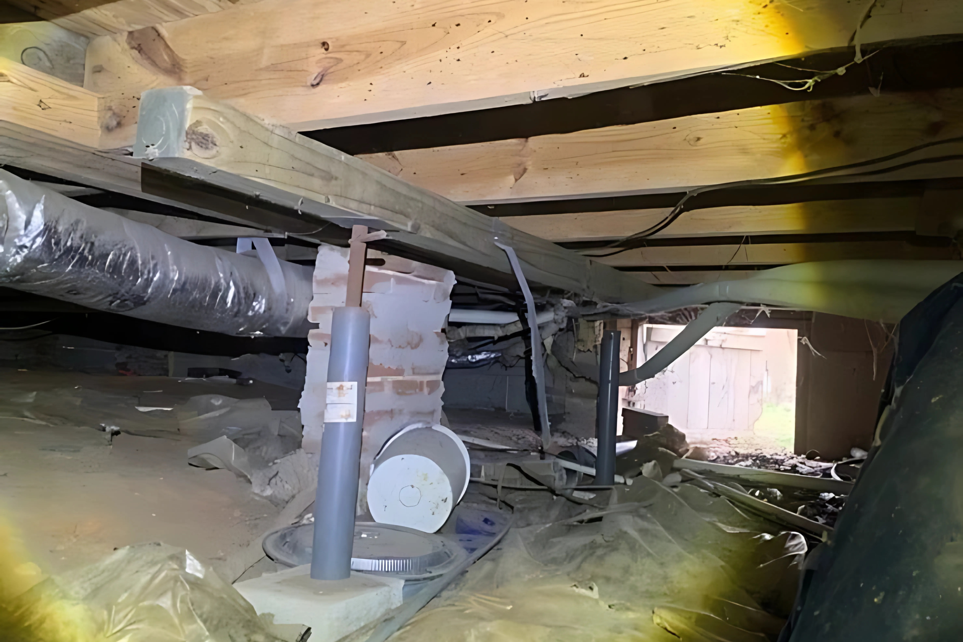 A picture of a crawl space under a house.
