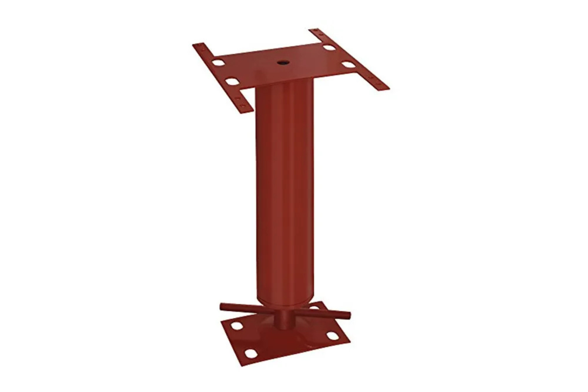 A red metal pole with holes in it on a white background.