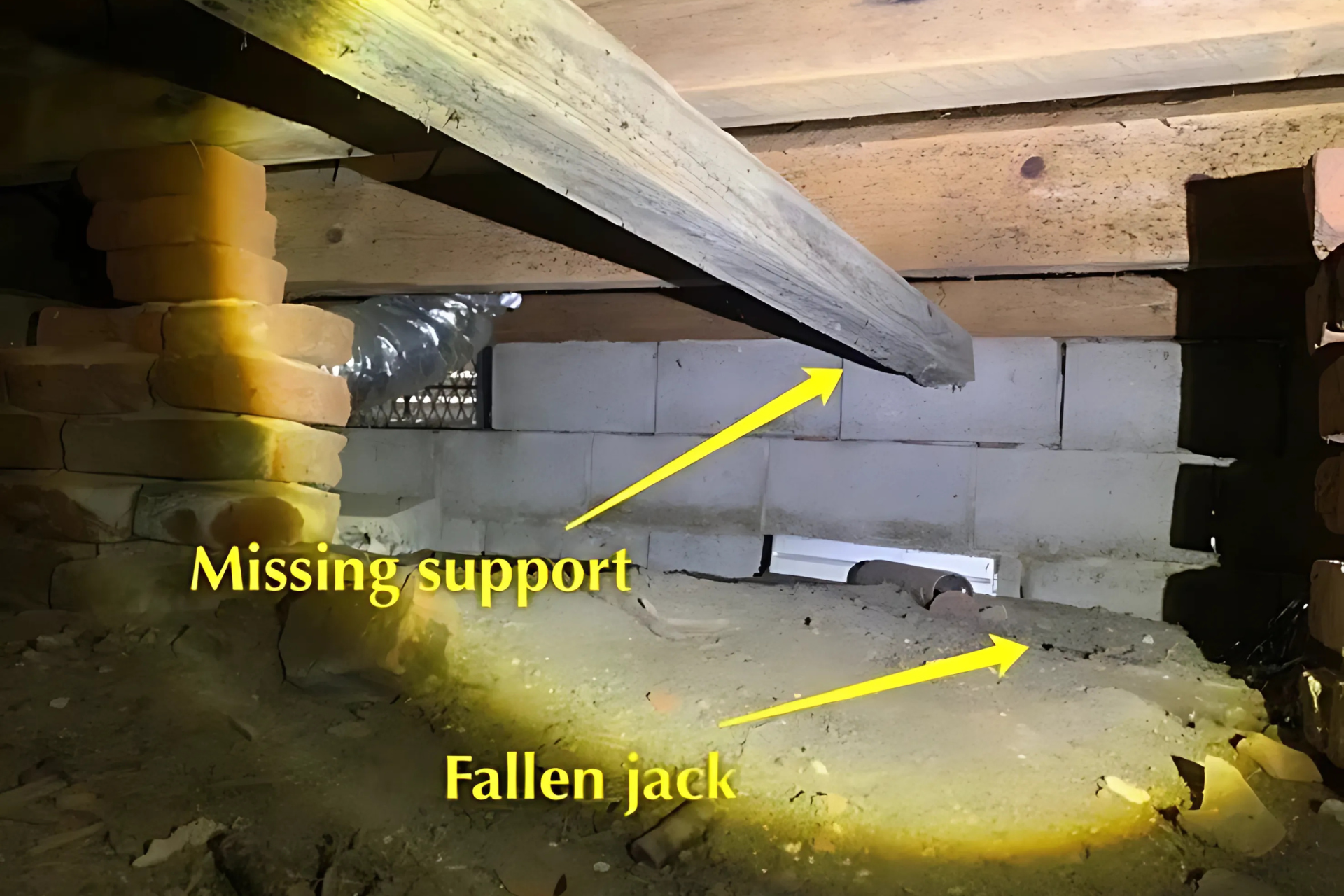 A picture of a missing support and fallen jack in a basement.