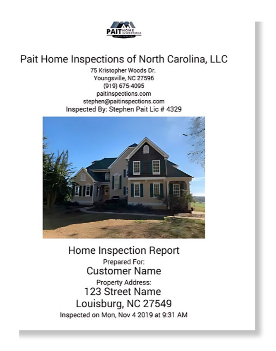 A home inspection report from pait home inspections of north carolina llc