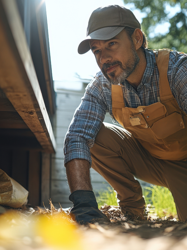 A man in overalls and a hat is kneeling down under a wooden structure.