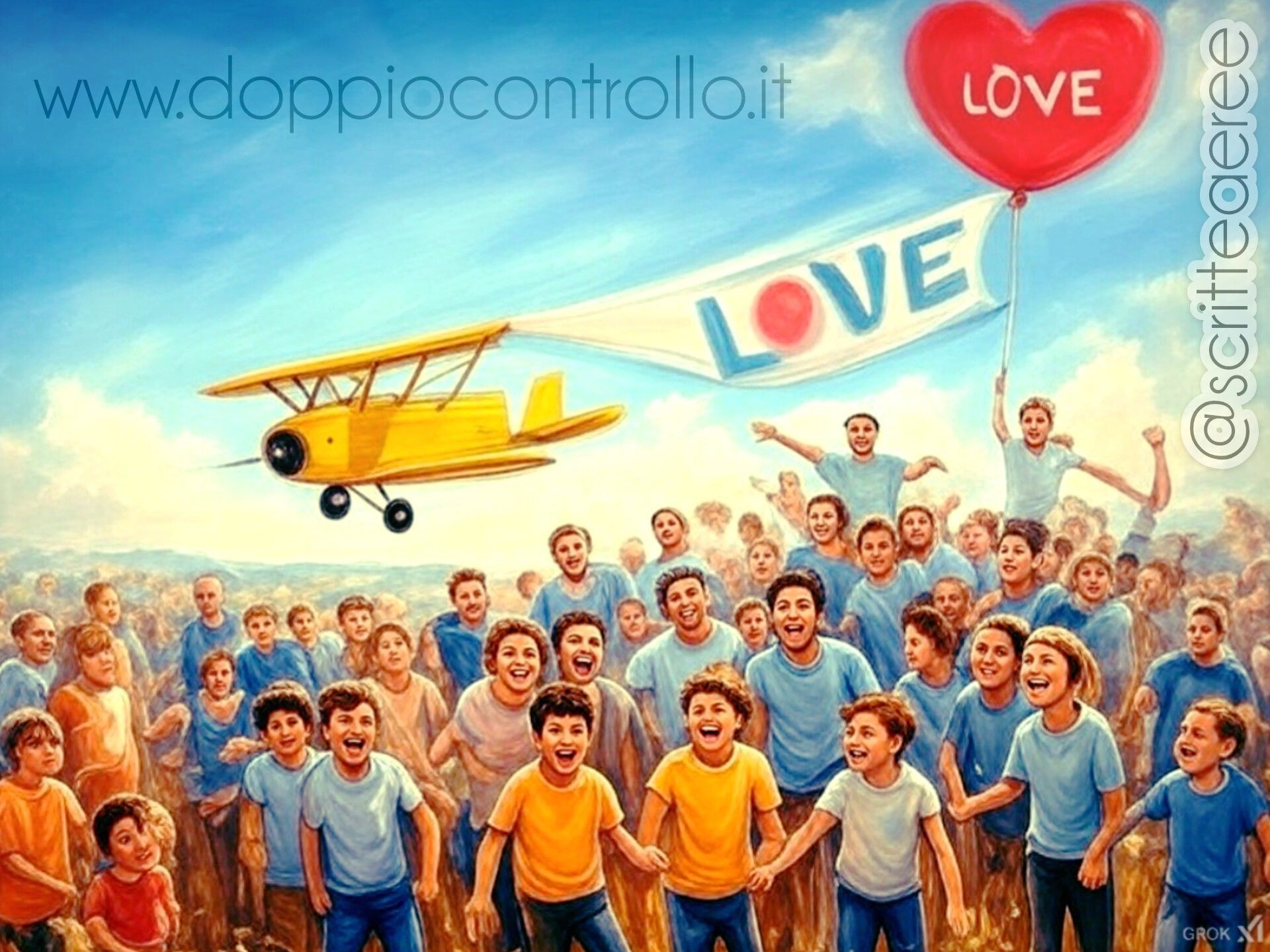 un aereo traina uno striscione con scritto love su un gruppo di ragazzi LovePlane messaggio aereo copertina sito.