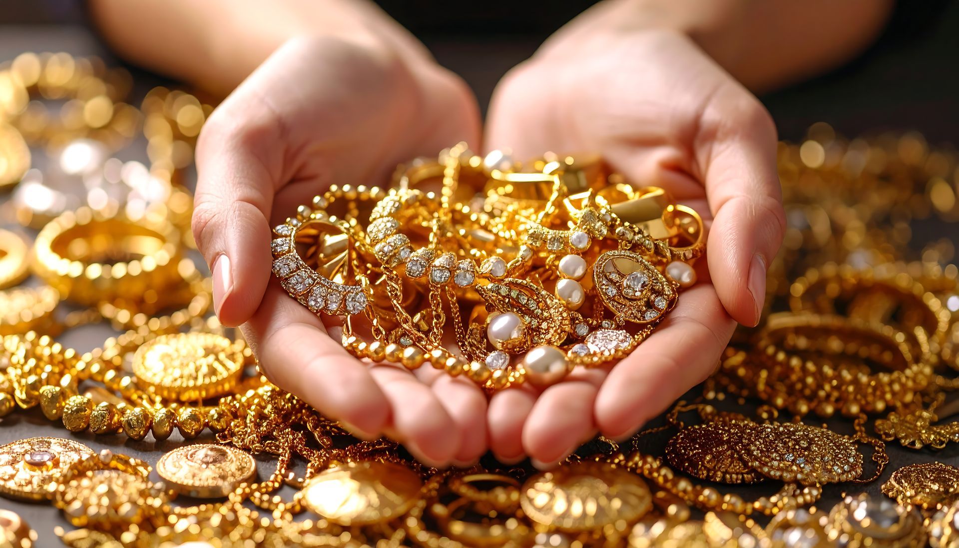 Mani che stringono una pila di gioielli d'oro, tra cui bracciali, collane e anelli.
