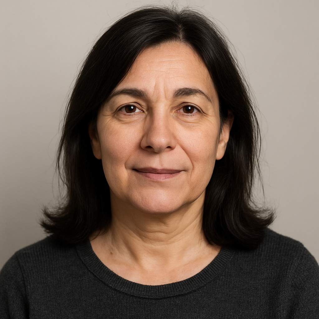 Una donna con i capelli scuri indossa un maglione nero e sorride alla telecamera.