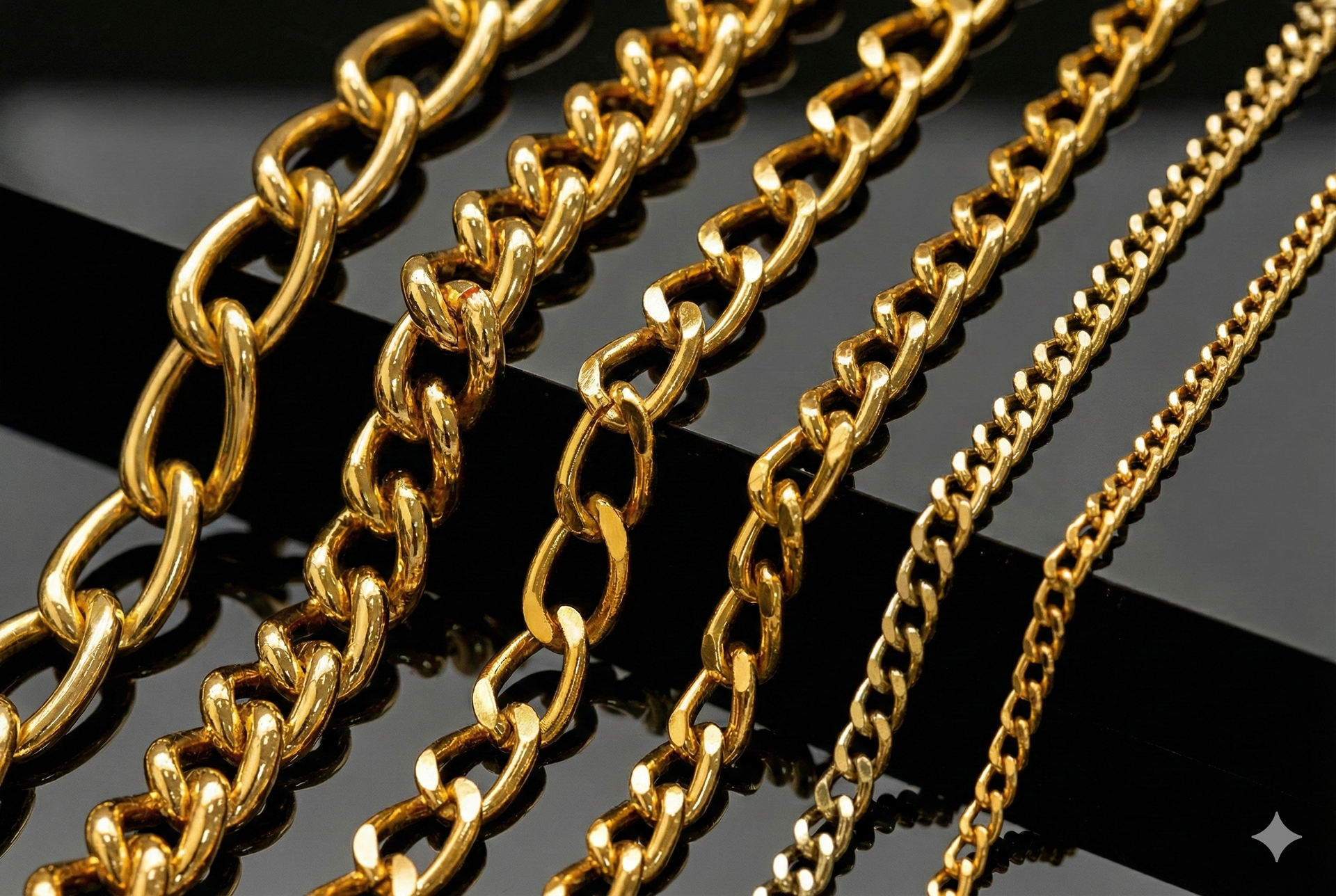 Collane con catene d'oro di vari spessori su sfondo nero.