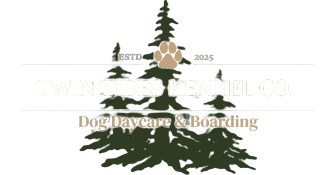 Logo for Twin Oaks Kennel Co., featuring a stylized tree with a paw print. Text reads: "ESTD. 2025" and "Dog Daycare & Boarding".