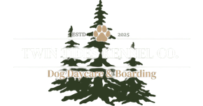 Logo for Twin Oaks Kennel Co., featuring a stylized tree with a paw print. Text reads: "ESTD. 2025" and "Dog Daycare & Boarding".