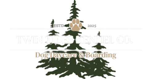 Logo for Twin Oaks Kennel Co., featuring a stylized tree with a paw print. Text reads: "ESTD. 2025" and "Dog Daycare & Boarding".