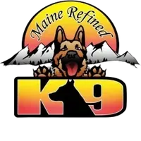 Maine Refined K9 logo: German Shepherd with mountains, sun, and 