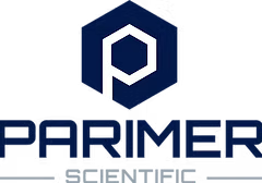 Logo for Parimer Scientific: A navy blue hexagon with a white
