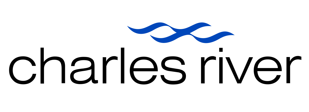 Charles River logo: Text with blue wavy lines above.
