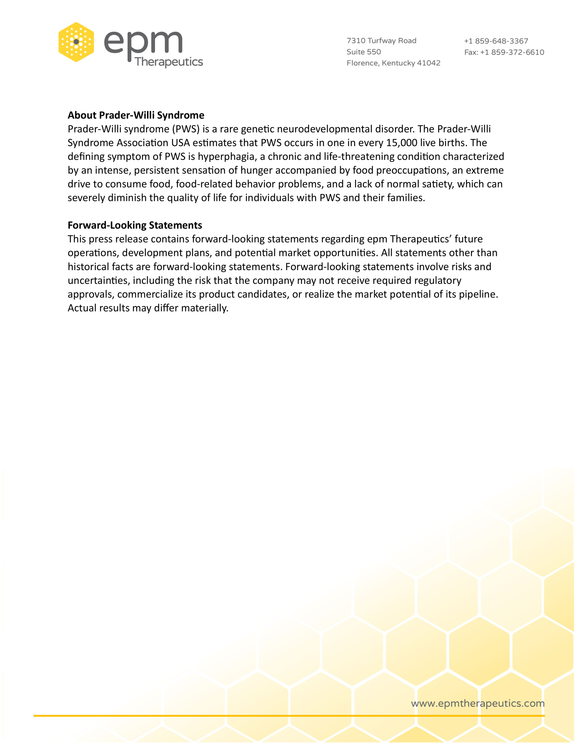 epm Therapeutics Secures FDA Pre-IND Meeting
to Advance EPM301 for Prader-Willi Syndrome