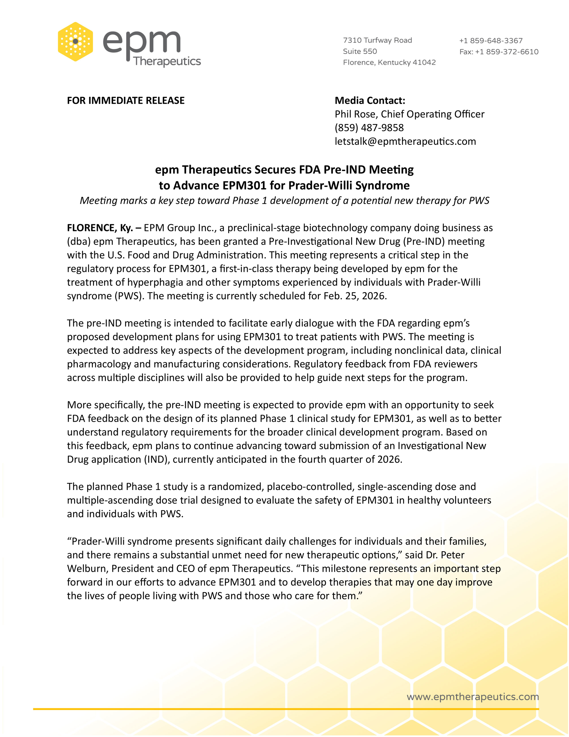 epm Therapeutics Secures FDA Pre-IND Meeting
to Advance EPM301 for Prader-Willi Syndrome