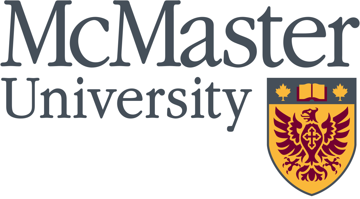McMaster University logo: text and coat of arms. Text is dark grey, crest has red and gold elements.