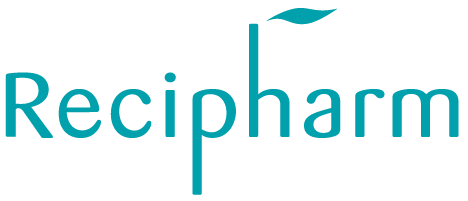 Recipharm logo with teal text and a teal stylized leaf above the