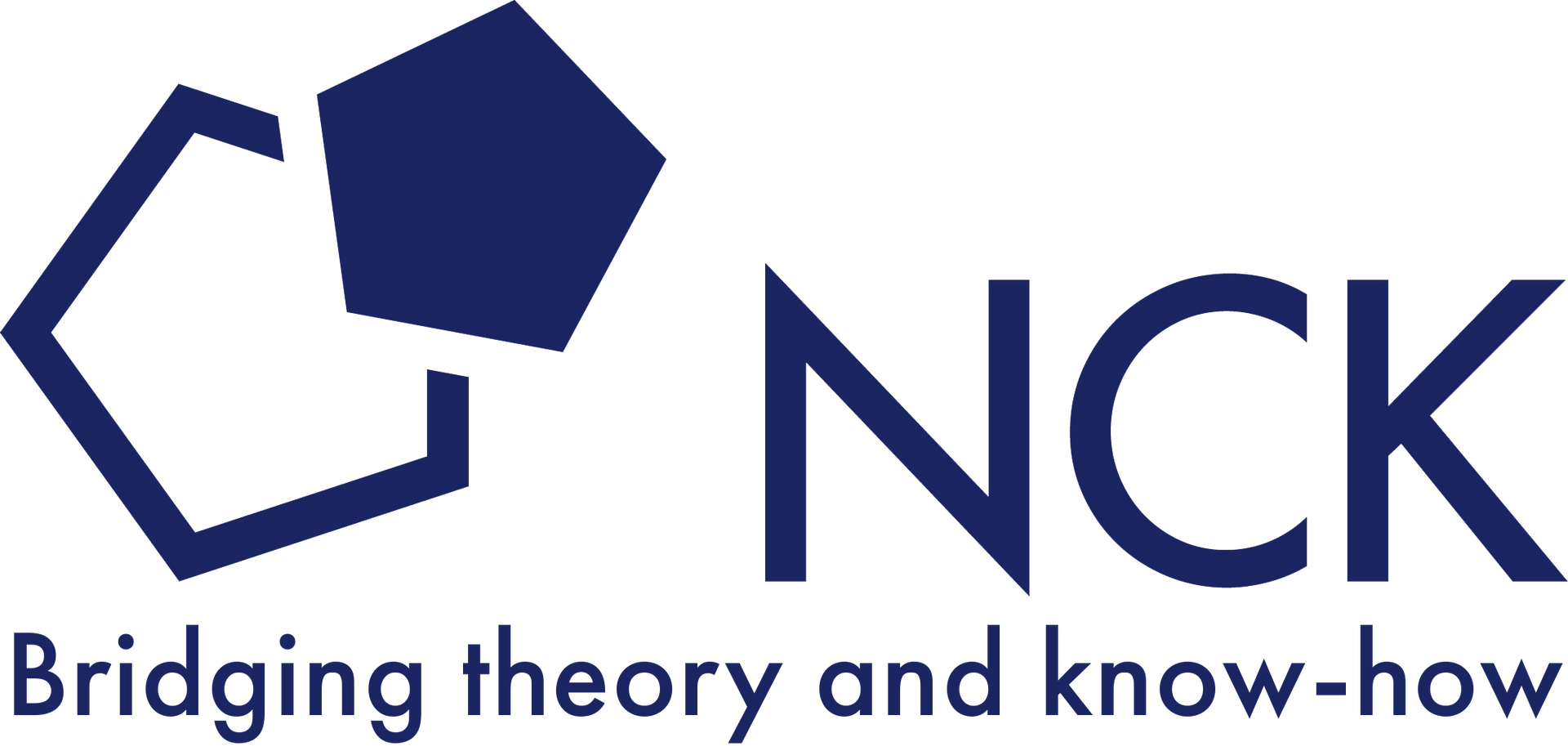 Logo with blue geometric shapes and the letters