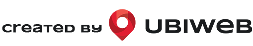 A logo that says created by ubiweb with a red pin