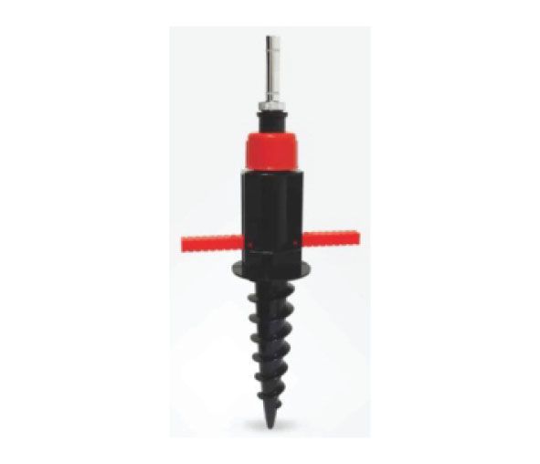 Un tornillo negro y rojo con un mango rojo sobre un fondo blanco.