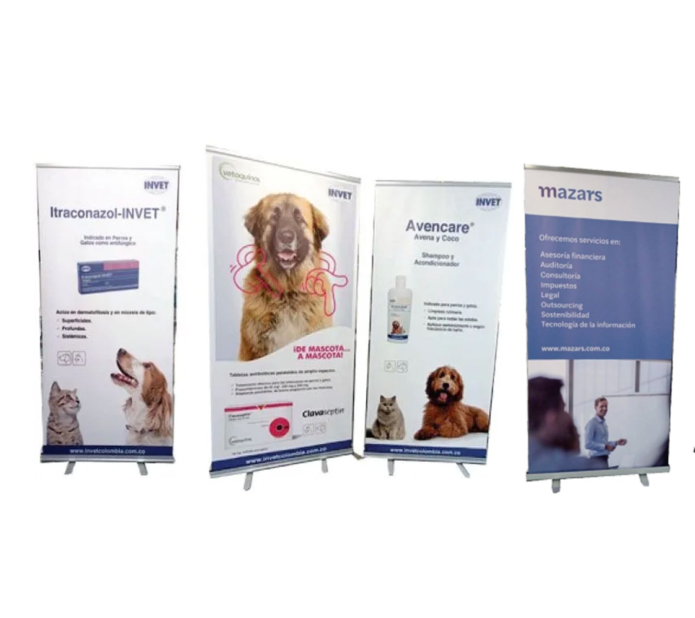 Un montón de pancartas con perros y gatos.