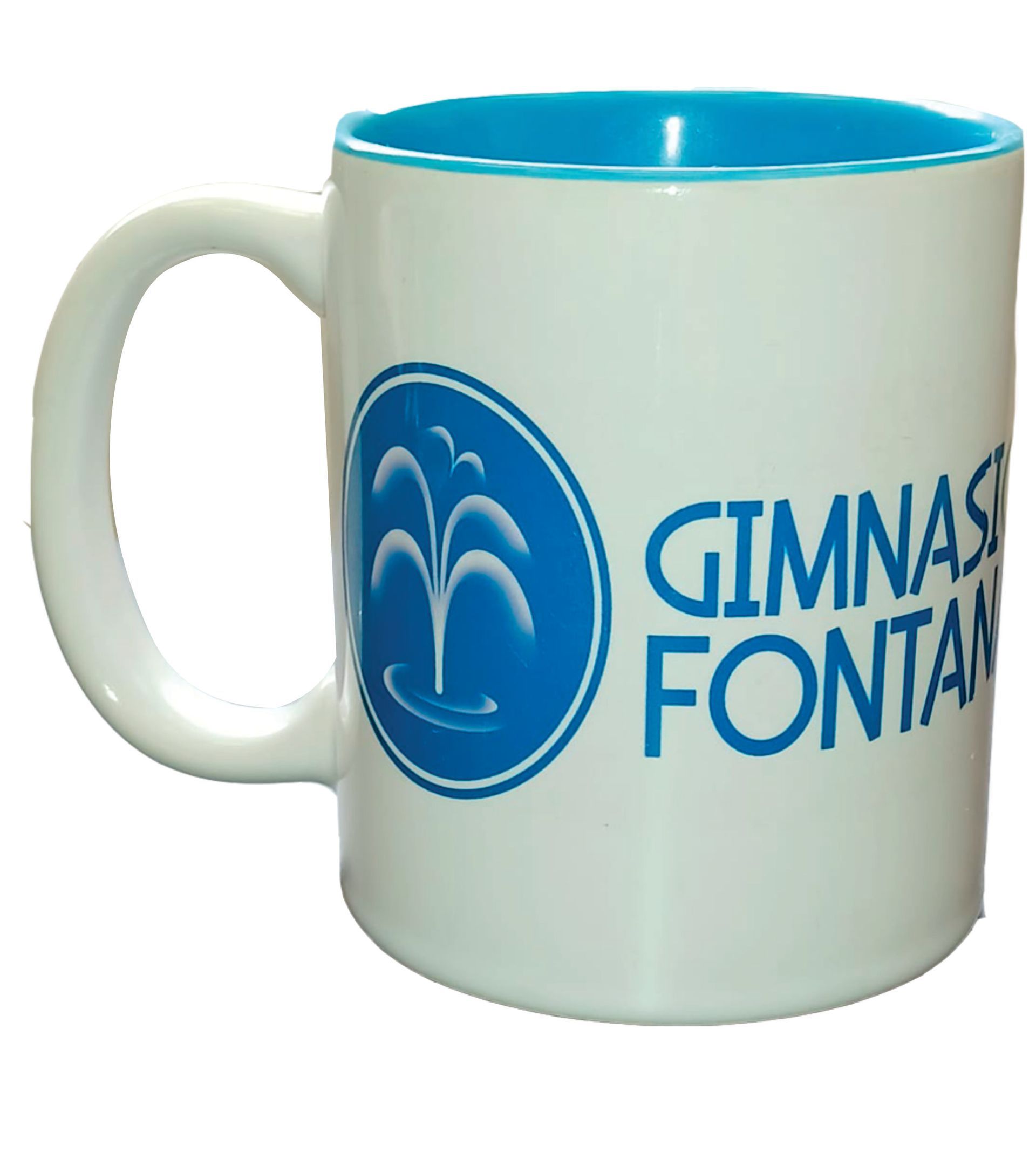 Una taza blanca con las palabras gimnasia fontana.